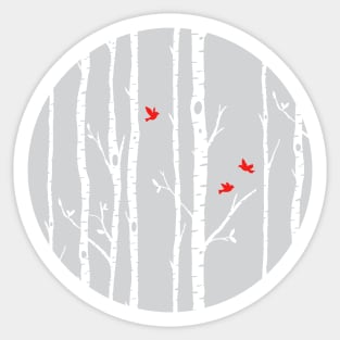 Birch trees with red flying birds Sticker